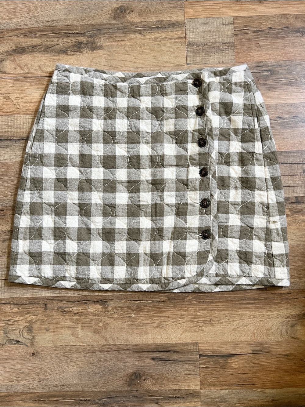Madewell Olive & White Quilted Gingham Button-Front Mini Skirt 10